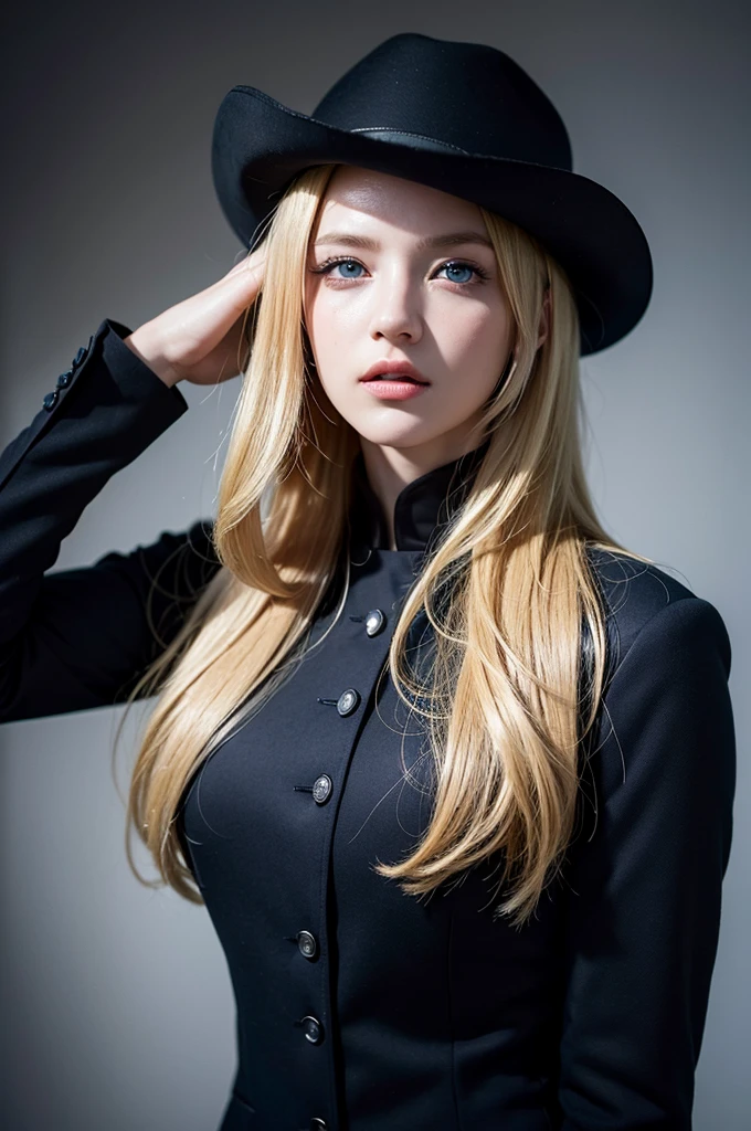 Best quality, masterpiece, ultra high res, (photorealistic:1.4), raw photo, 1girl, blonde hair, blue eyes, detailed eyes and face, black suit, dynamic lighting, in the dark, deep shadow, low key, cowboy shot full-lenght body