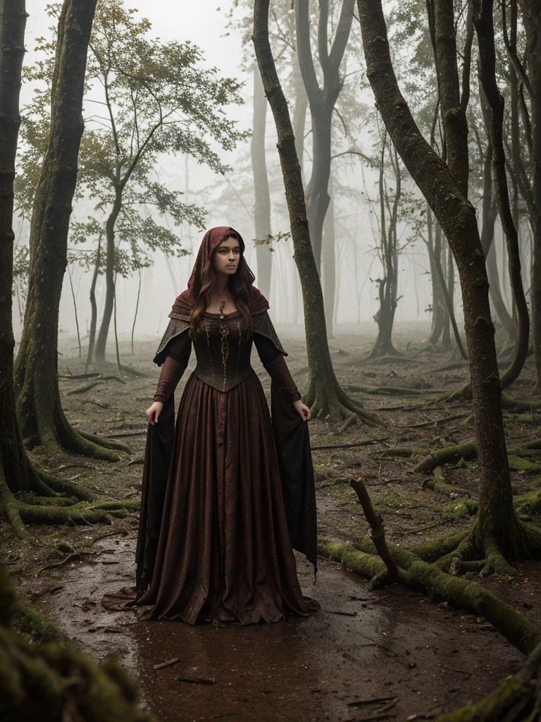 Dense thickets. Lots of broken trees and branches. Gloomy lake. A portrait of a woman as Ophelia with red, dirty, long, red, wavy hair. She's not looking at the camera. Behind woman stands a mature male demon wearing a black, torn hood, leaning, whispering something into the woman's ear. A position full of resignation, with the head lowered. Wearing worn and torn medieval women's clothing. The women's medieval costumes are wet and stained with mud. All around, a dense and gloomy, swampy forest shrouded in morning fog. Sunlight creates interesting chiaroscuro and vivid colors. Dense thickets. Lots of broken trees and branches. A forest lake in the background.