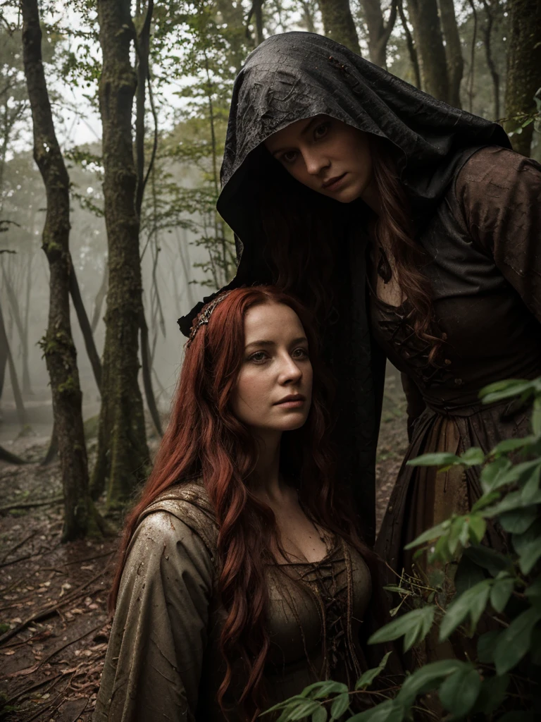 Dense thickets. Lots of broken trees and branches. Gloomy lake. A portrait of a woman as Ophelia with red, dirty, long, red, wavy hair. She's not looking at the camera. Behind woman stands a mature male demon wearing a black, torn hood, leaning, whispering something into the woman's ear. A position full of resignation, with the head lowered. Wearing worn and torn medieval women's clothing. The women's medieval costumes are wet and stained with mud. All around, a dense and gloomy, swampy forest shrouded in morning fog. Sunlight creates interesting chiaroscuro and vivid colors. Dense thickets. Lots of broken trees and branches. A forest lake in the background.