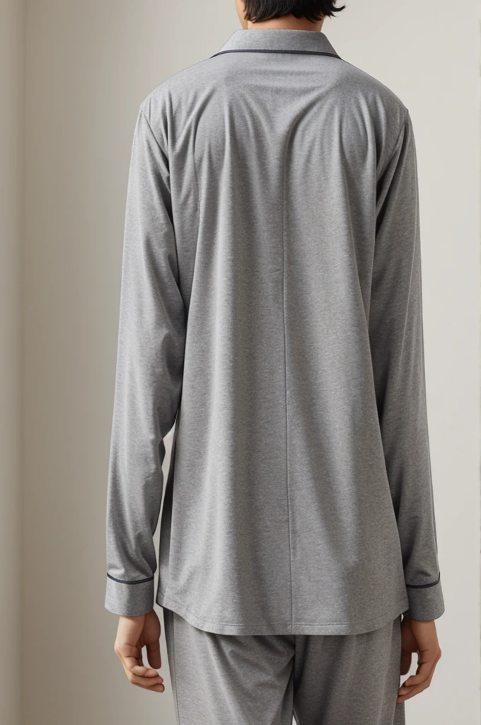 Back view big but wearing grey pajama and collared tshirt