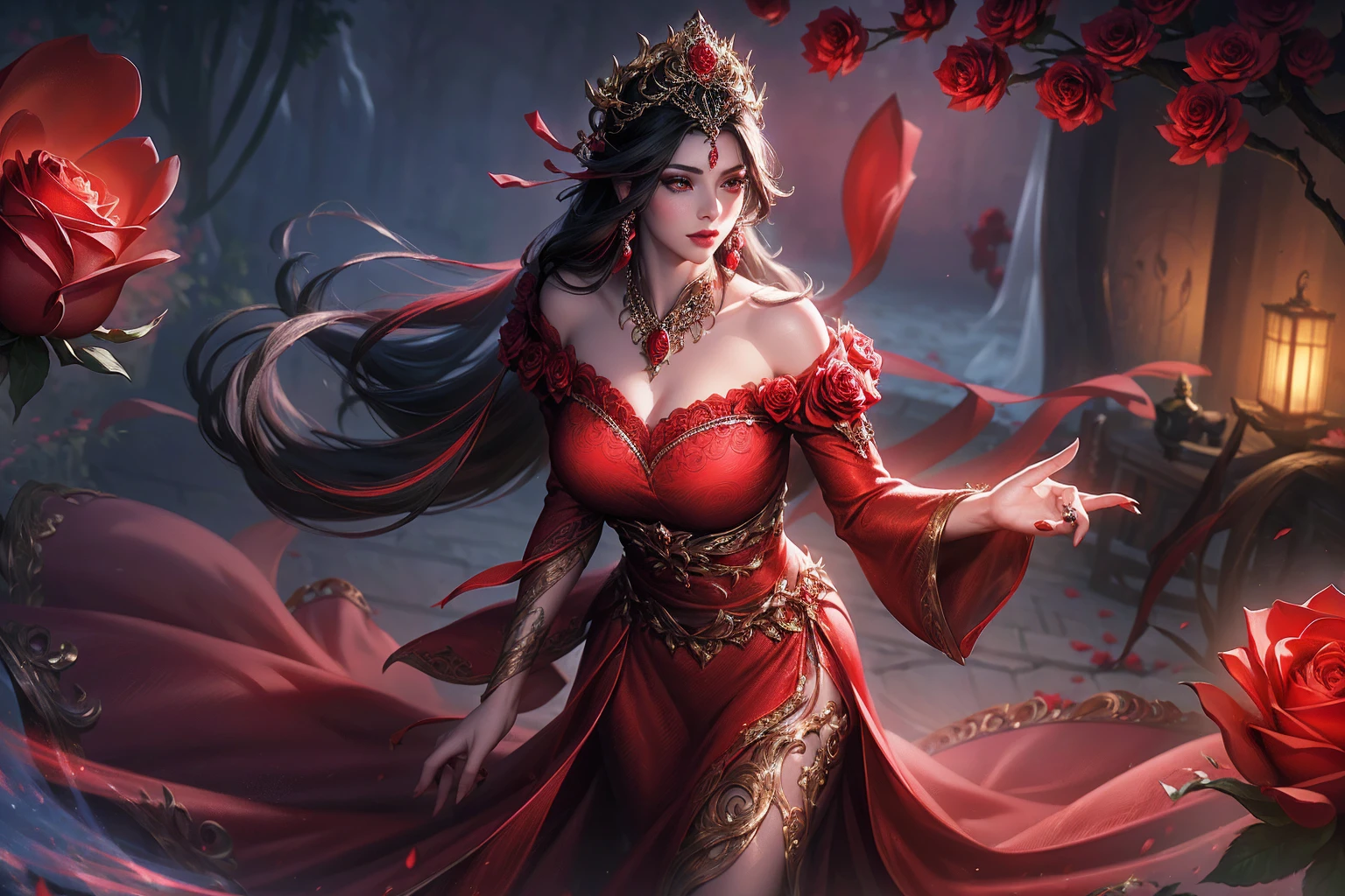a beautiful and mysterious gypsy woman with long flowing black hair, wearing a vibrant red dress, holding a floating crystal ball, surrounded by red roses, dramatic lighting, cinematic composition, highly detailed, photorealistic, 8k, (best quality, 4k, 8k, highres, masterpiece:1.2), ultra-detailed, (realistic, photorealistic, photo-realistic:1.37), dramatic lighting, chiaroscuro, moody, alluring, seductive, captivating gaze, intricate patterns on dress, glowing crystal ball, lush red roses, cinematic angle, dramatic shadows, rich color palette
