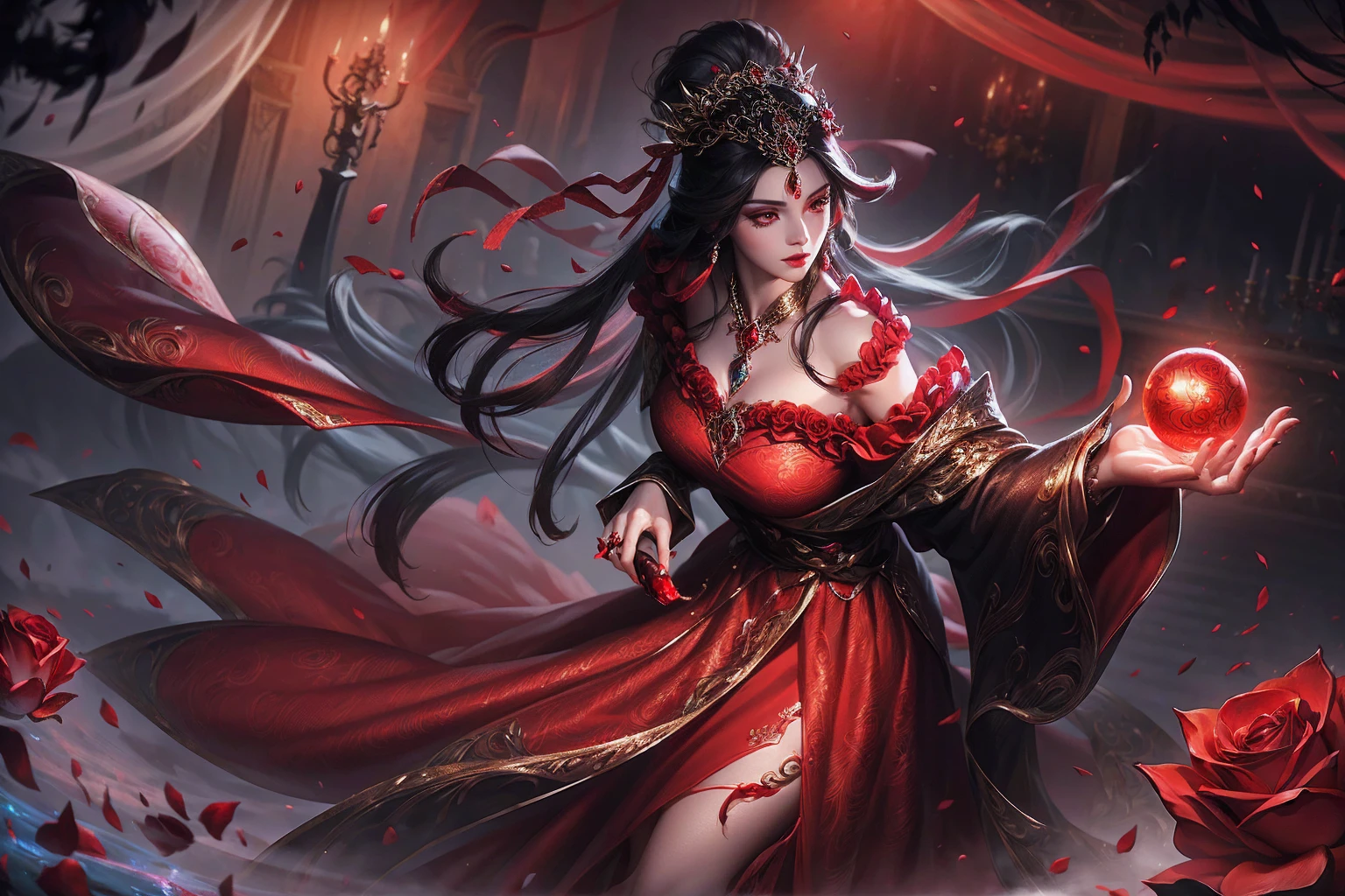 a beautiful and mysterious gypsy woman with long flowing black hair, wearing a vibrant red dress, holding a floating crystal ball, surrounded by red roses, dramatic lighting, cinematic composition, highly detailed, photorealistic, 8k, (best quality, 4k, 8k, highres, masterpiece:1.2), ultra-detailed, (realistic, photorealistic, photo-realistic:1.37), dramatic lighting, chiaroscuro, moody, alluring, seductive, captivating gaze, intricate patterns on dress, glowing crystal ball, lush red roses, cinematic angle, dramatic shadows, rich color palette