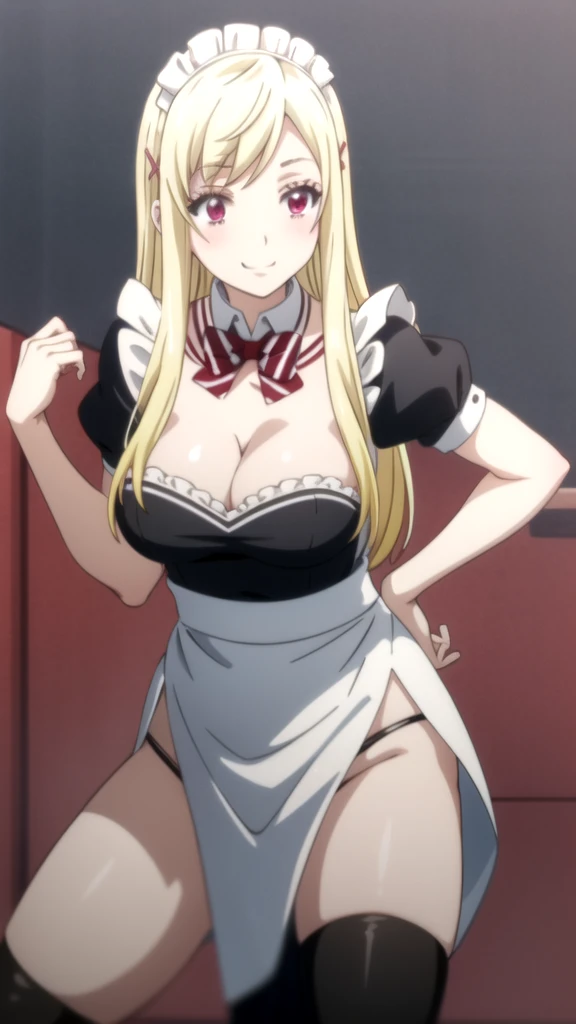 , (forehead), (sexy girl with sexy appearance and sexy pose dressed as a maid), (White background) yamada_yellow, 1chica , by rubio, alone, wide, hair ornament, , smile, bow, red eyes my dress darling anime, beautiful seductress anime