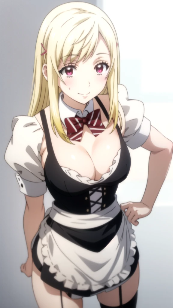 , (forehead), (sexy girl with sexy appearance and sexy pose dressed as a maid), (White background) yamada_yellow, 1chica , by rubio, alone, wide, hair ornament, , smile, bow, red eyes my dress darling anime, beautiful seductress anime