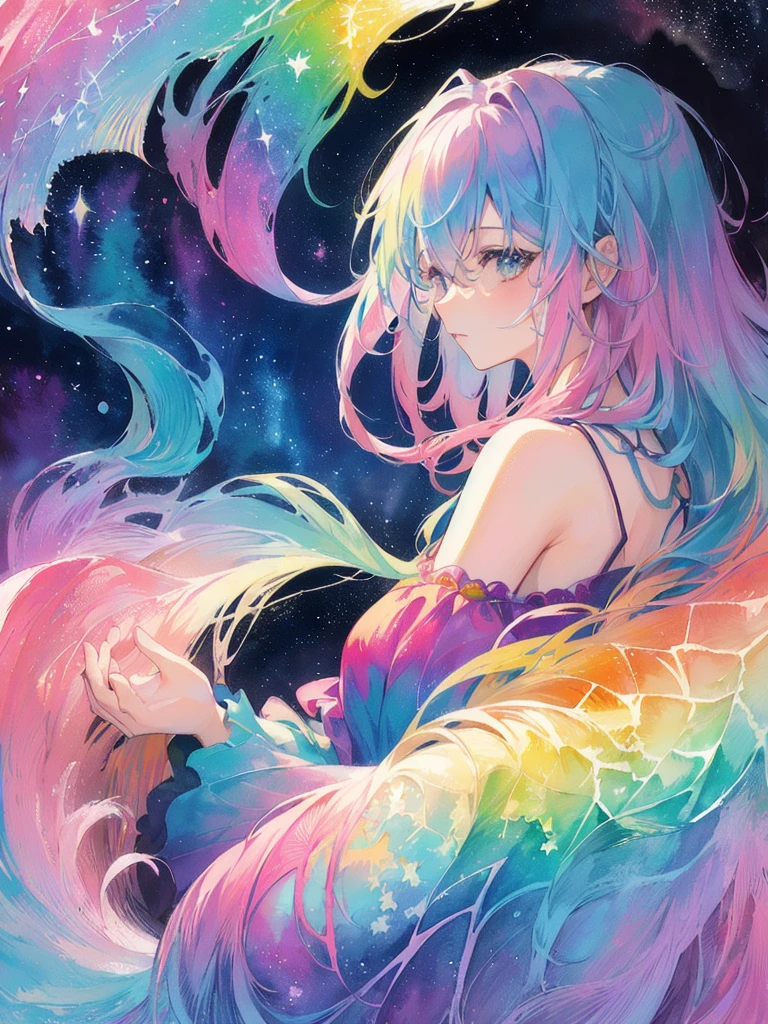 (masterpiece, top quality, best quality,watercolor (medium),official art, beautiful and aesthetic:1.2),(1girl:1.3), (fractal art:1.3),upper body, from side, looking at viewer,patterns,(rainbow color Hair,colorful hair,half blue and half pink hair:1.2),water,liquid, cloud,colorful, starry,stars, hatsune miku