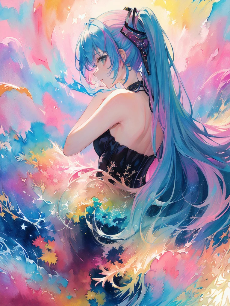 (masterpiece, top quality, best quality,watercolor (medium),official art, beautiful and aesthetic:1.2),(1girl:1.3), (fractal art:1.3),upper body, from side, looking at viewer,patterns,(rainbow color Hair,colorful hair,half blue and half pink hair:1.2),water,liquid, cloud,colorful, starry,stars, hatsune miku