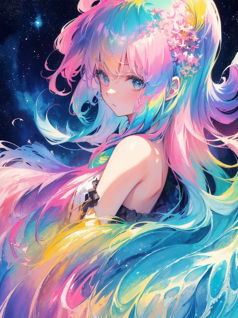 (masterpiece, top quality, best quality,watercolor (medium),official art, beautiful and aesthetic:1.2),(1girl:1.3), (fractal art:1.3),upper body, from side, looking at viewer,patterns,(rainbow color Hair,colorful hair,half blue and half pink hair:1.2),water,liquid, cloud,colorful, starry,stars, hatsune miku