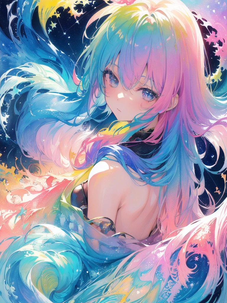 (masterpiece, top quality, best quality,watercolor (medium),official art, beautiful and aesthetic:1.2),(1girl:1.3), (fractal art:1.3),upper body, from side, looking at viewer,patterns,(rainbow color Hair,colorful hair,half blue and half pink hair:1.2),water,liquid, cloud,colorful, starry,stars, hatsune miku