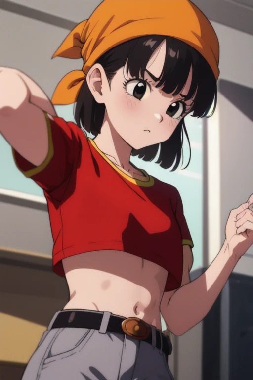(masterpiece, best quality), 1girl, pan,1girl,solo,black eyes,bangs,black hair,short hair,bandana, red shirt,crop top,midriff,belt,gray pants,
