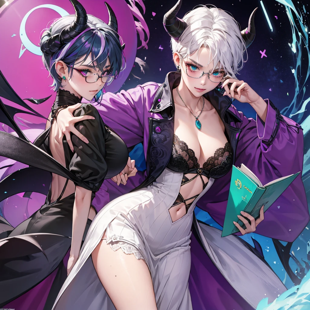 8k, masterpiece, best quality, highly detailed, 1 girl, tiefling, warlock, multicolored hair, very short straight hair green highlight hair on white hair, strippled hair, wearing glasses, round glasses, earrings, long dress with side cut, lace dress, red eyeshadow, long eyelashes,navel piercing, blushed cheek, necklace, collarbone, high heels, mole, glamorous, purple and teal clothing, villainy, smirk, seductive face, close up view, rings, looking at viewer, standing, demon horns, solo, hand touching cheek, school, black lace gloves, holding book, sensei, miniskirt.