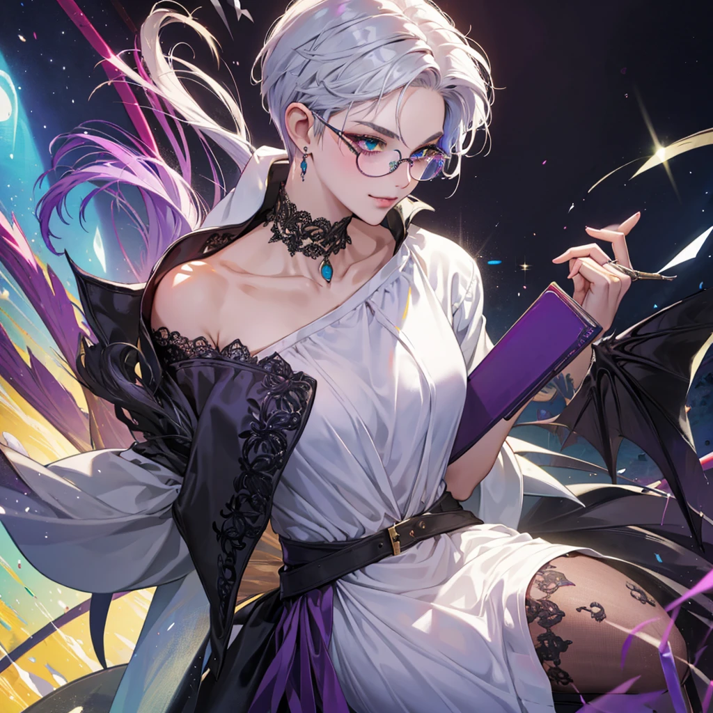 8k, masterpiece, best quality, highly detailed, 1 girl, tiefling, warlock, multicolored hair, very short straight hair green highlight hair on white hair, strippled hair, wearing glasses, round glasses, earrings, long dress with side cut, lace dress, red eyeshadow, long eyelashes,navel piercing, blushed cheek, necklace, collarbone, high heels, mole, glamorous, purple and teal clothing, villainy, smirk, seductive face, close up view, rings, looking at viewer, standing, demon horns, solo, hand touching cheek, school, black lace gloves, holding book, sensei, miniskirt.