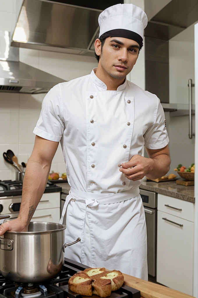 a handsome man wearing a chef's uniform, torn bread,creamy bread,on the chef's work table,with natural views