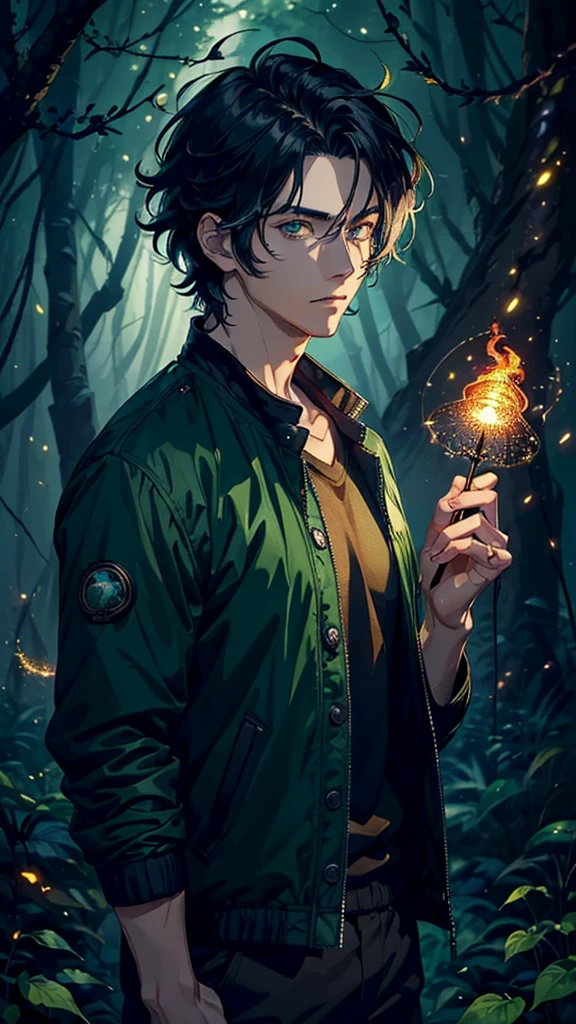 ((masterpiece, best quality)), ((anime man in dark forest with many fireflies, vibrant coloring)) (1man, mature), (solo, half body), (male focus, mature male), (black hair, messy hair),green eyes, detailed eye, ((black coach jacket)), portraits, dramatic lighting