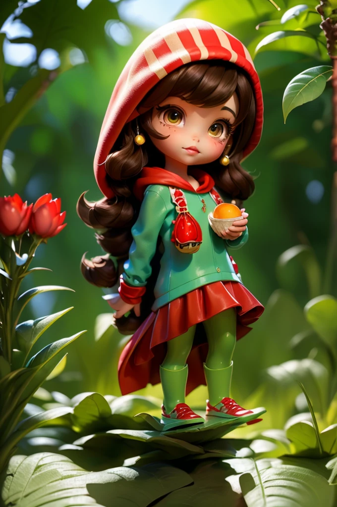 12 year old girl, brown eyes and brown hair with a red hooded cape and a green dress in a cartoon style mixed with anime. (Inspired by the character Little Red Riding Hood): she is holding a basket of fruit in her left arm