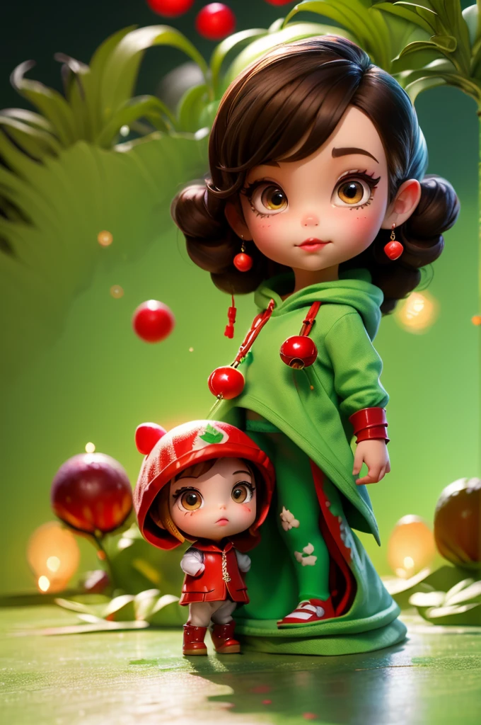 12 year old girl, brown eyes and brown hair with a red hooded cape and a green dress in a cartoon style mixed with anime. (Inspired by the character Little Red Riding Hood): she is holding a basket of fruit in her left arm