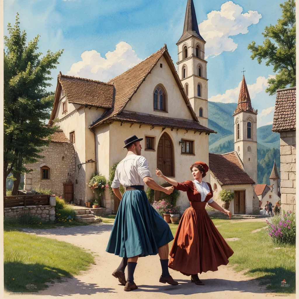watercolor drawing in Retro-Look, rural saxones village in Transilvania with fortificated church of bazna, man and woman dance, full body shot, in the style of classic Americana, white background, Andrew Loomis style, Masterpiece work of art,