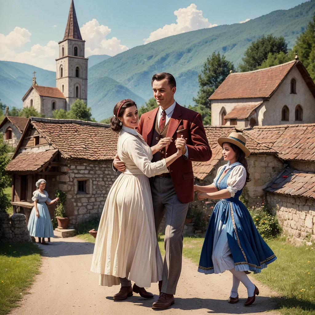 watercolor drawing in Retro-Look, rural saxones village in Transilvania with fortificated church of bazna, man and woman dance, full body shot, in the style of classic Americana, white background, Andrew Loomis style, Masterpiece work of art,