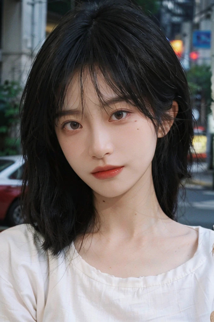 (Skin details:1.4), (smooth skin textures:1.3), Lipstick, background, earrings, serene, calm, (Realistic and detailed eyes：1.2）, (Large Breasts:1.0),Natural skin texture, Realistic facial details, Soft dramatic lighting, Vivid details, 35 mm film, outdoor, (Photo Practical:1.4), (hyper Practical:1.4), (Practical:1.3), (Smoother lighting:1.05), (Improve lighting quality:0.9), (Highest quality real skin textures:1.4), Exquisite eyes, Delicate face, Close-up of face, (Enhance the beauty of skin texture:1.1), Hair details,  model，normal body ratio, short hair, Moles under the eyes, 公园background，Portrait Photography, Depth of Field, Bokeh, Surrealism, Ray Tracing, (Portrait Photography:1.1), Surrealism, High Detail, Chiaroscuro, Ray Tracing, reflected light, Ultra HD, Ultra HD, masterpiece, Textured Skin, Super Detail, High Detail, high quality, best quality