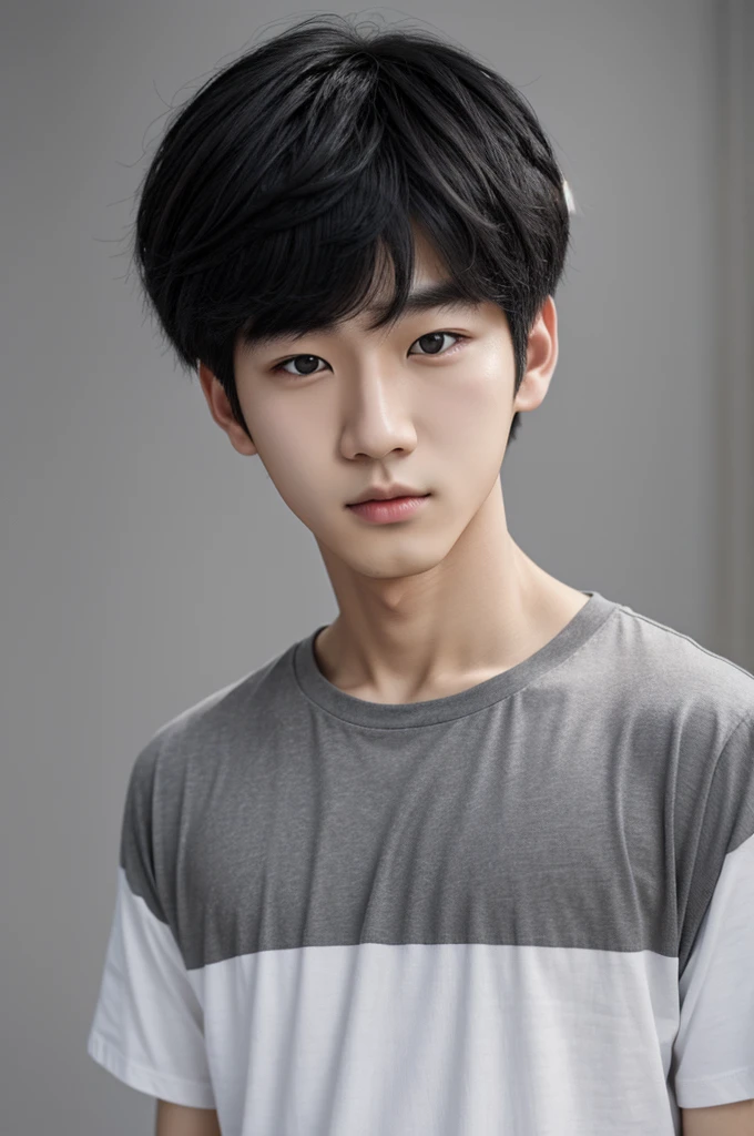 Animation, Korean Boy, pretty and cute Boy, grey eyes, Black hair, white t-shirt with grey shirt