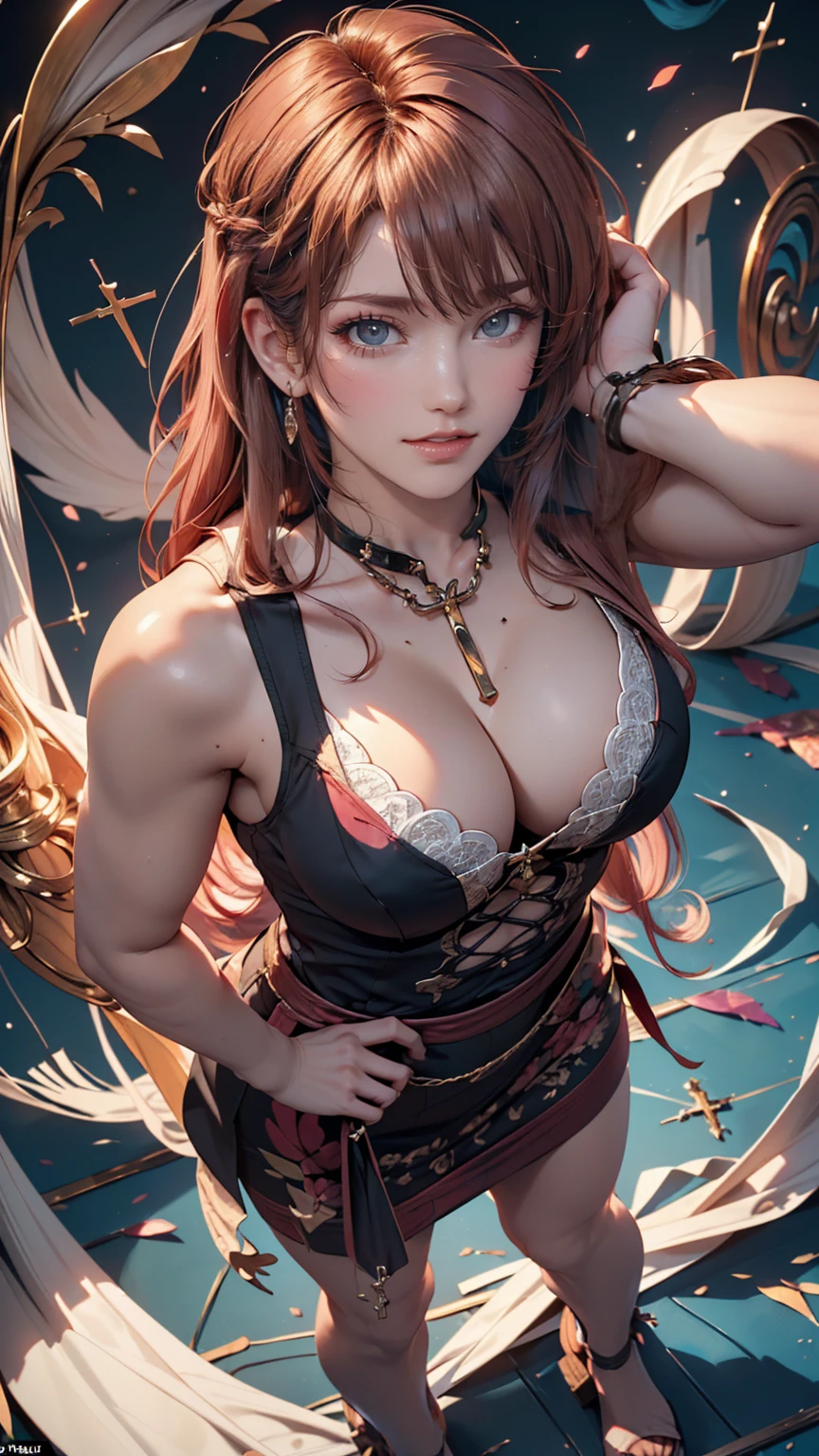 ((masterpiece:1.2, Highest quality)), Super detailed, Ultra-precise depiction, Ultra-detailed depiction, (Tangled:1.2), (Dynamic pose), (Abstract background:1.5), Wavy long hair, Pink Hair, One girl, colorful, Portraiture, (From above:1.2)、Sexy proportions、Sexy、Wear a cross halter dress、Wear thick-soled sandals、smile