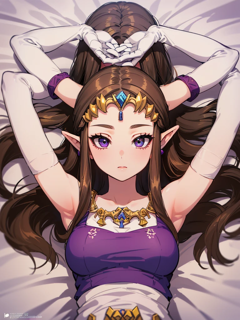 ((((Very delicate and beautiful face)))),((((((Arms above head)))))),((Princess Zelda)),((the legend of zelda)),(()),((upper body)),Anime art style,masterpiece,(Dark brown hair), (Very detailed),(Very delicate and beautiful),(alone),((((pov)))),(Detailed eyes),Beautiful eyes like jewels,(Purple blouse),((crinoline)),(((Long Straight Hair))),(Very beautiful mature woman),,length_gloves,,((Lying in bed))