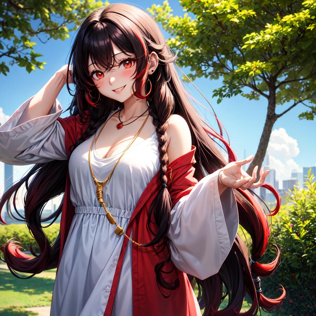 anime panel,upper body, 1girl,solo Korean, black curly hair with red highlights(long hair), red slanted eyes, casual clothes, ear piercing, necklace, hair illuminated by sunlight, park background, smiling , blushing