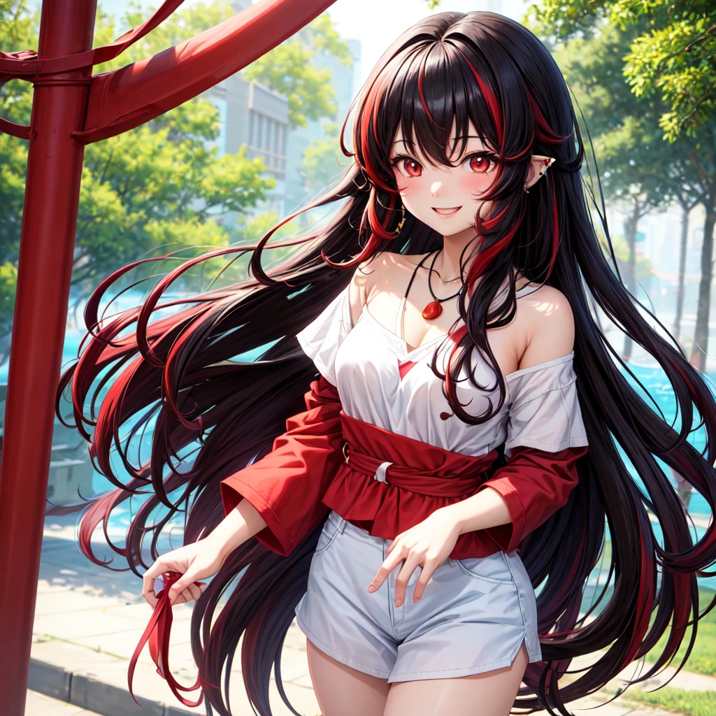 anime panel,upper body, 1girl,solo Korean, black curly hair with red highlights(long hair), red slanted eyes, casual clothes, ear piercing, necklace, hair illuminated by sunlight, park background, smiling , blushing