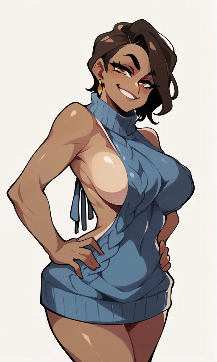 score_9, score_8_up, score_7_up, score_6_up, 1girl. big breasts, brown skin, facing viewer, smirk, virgin killer sweater, side boob, white background, earring, confident, hands on hips, exposed sides
