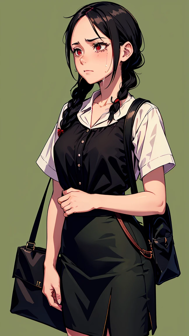 Girl1,alone,cowboy shot,triangle face,red eyes,black hair,braided ponytail hairstyle,(green blouse,black Pencil skirt,bag,Crying,Tears),highly detailed,HD,green background