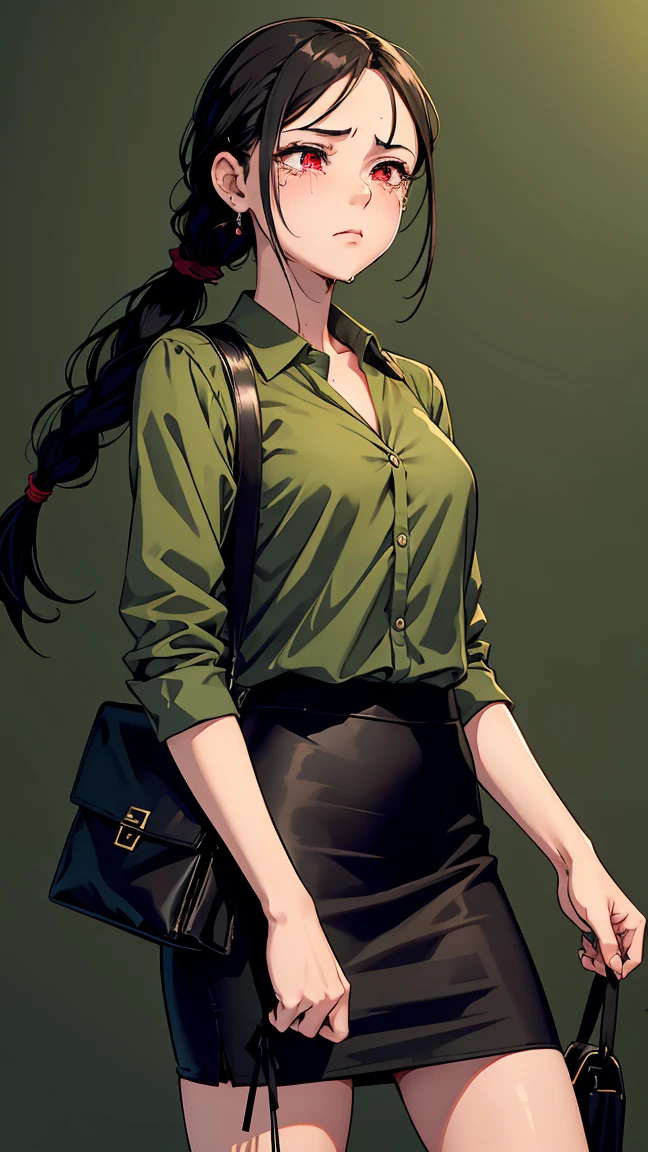 Girl1,alone,cowboy shot,triangle face,red eyes,black hair,braided ponytail hairstyle,(green blouse,black Pencil skirt,bag,Crying,Tears),highly detailed,HD,green background