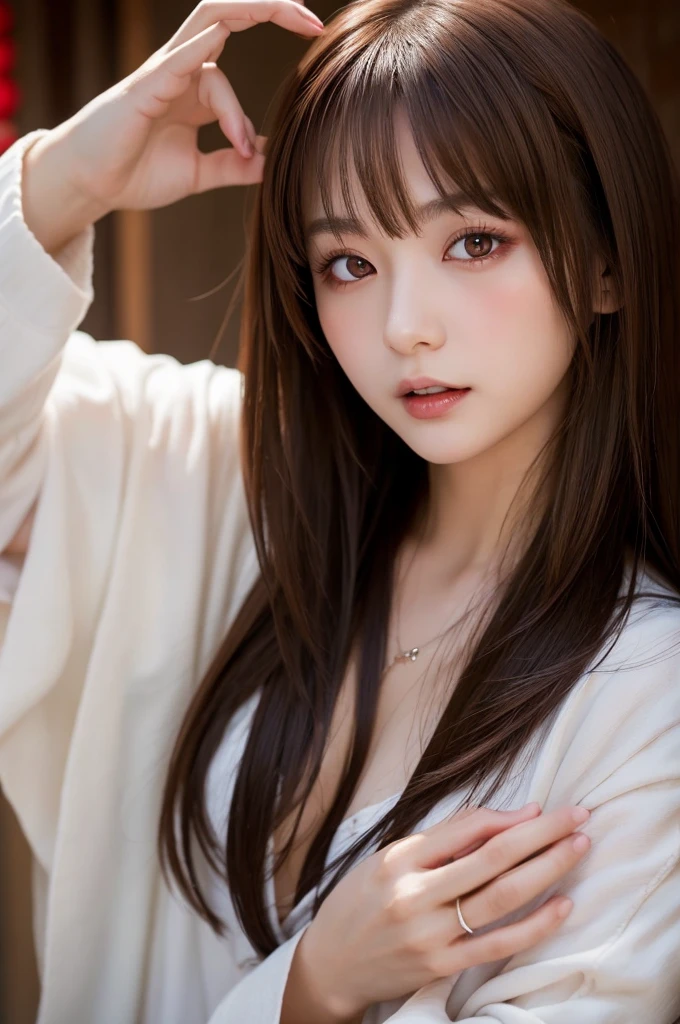 Japanese , New Vampire, Beautiful brown hair, Two Side Up, beautiful girl, Very beautiful face and、Red Eyes, Licking the blood off his hands, Detailed Japanese back alleys, A man&#39;s dead body in the alley