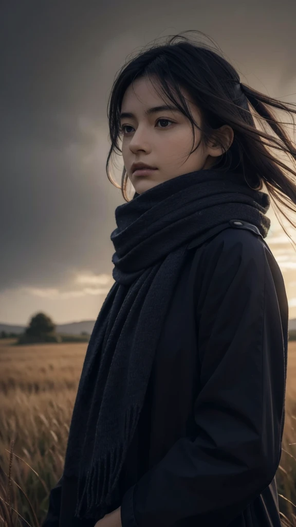8K, best quality, masterpiece, Practical, Ultra Detailed, photo Practical, quality improvement,
Photo of a girl wearing a scarf standing in a field, In the style of a dark and brooding designer, The volume is huge, Light and shadow carnival, Calm face, Jagged edges, navy, Natural Beauty, close up