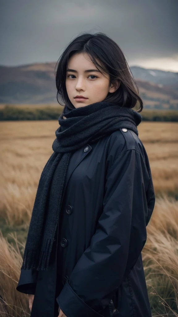 8K, best quality, masterpiece, Practical, Ultra Detailed, photo Practical, quality improvement,
Photo of a girl wearing a scarf standing in a field, In the style of a dark and brooding designer, The volume is huge, Light and shadow carnival, Calm face, Jagged edges, navy, Natural Beauty, close up