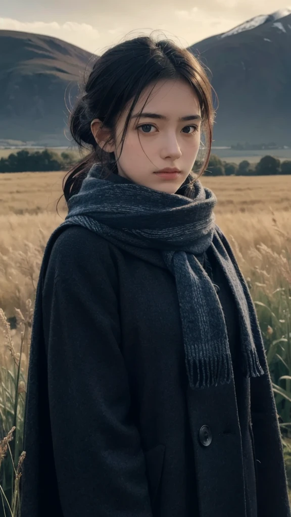 8K, best quality, masterpiece, Practical, Ultra Detailed, photo Practical, quality improvement,
Photo of a girl wearing a scarf standing in a field, In the style of a dark and brooding designer, The volume is huge, Light and shadow carnival, Calm face, Jagged edges, navy, Natural Beauty, close up