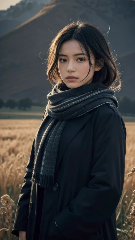 8K, best quality, masterpiece, Practical, Ultra Detailed, photo Practical, quality improvement, 
Photo of a girl wearing a scarf standing in a field, In the style of a dark and brooding designer, The volume is huge, Light and shadow carnival, Calm face, Jagged edges, navy, Natural Beauty, close up
