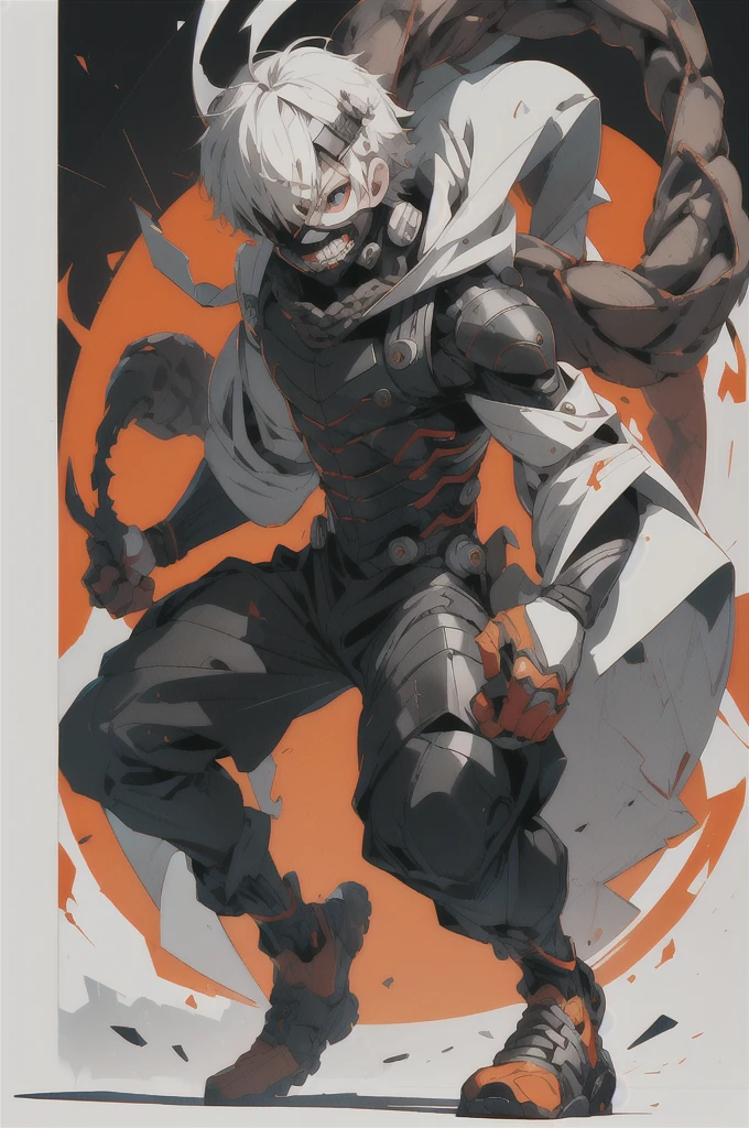 8k, anime, portrait, best quality, ultra high res, ultra detailed, high contrast color tone, extremely detailed lighting, cinematic lighting, soft lights, (masterpiece, high quality:1.4), (kaneki ken, white hair, red and black eye, mask | fangs, sharinggan eyes, white exoskeleton armor , with red scarf, scorpio tentacles), blood, ((full body)), (dynamic pose), orange background, thrilling, (fierce face) dynamic jump pose