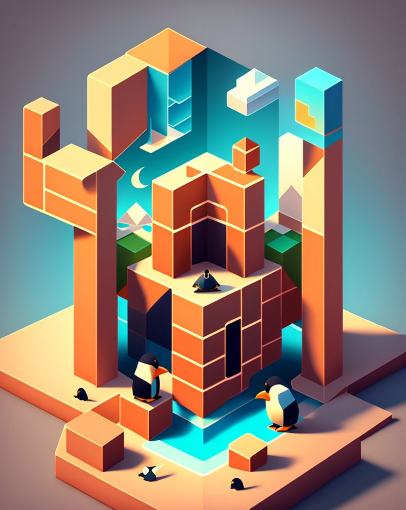 cube,Penguin looking for treasure chest on puzzle map, Different scenes for each side,trending on Art Station, Monument Valley, Level Design, Low Poly, Isometric Art, 3D Art, High Detail, Art Station, Concept Art, behance, Ray Tracing, Smooth, Clear focus, Ethereal Lights