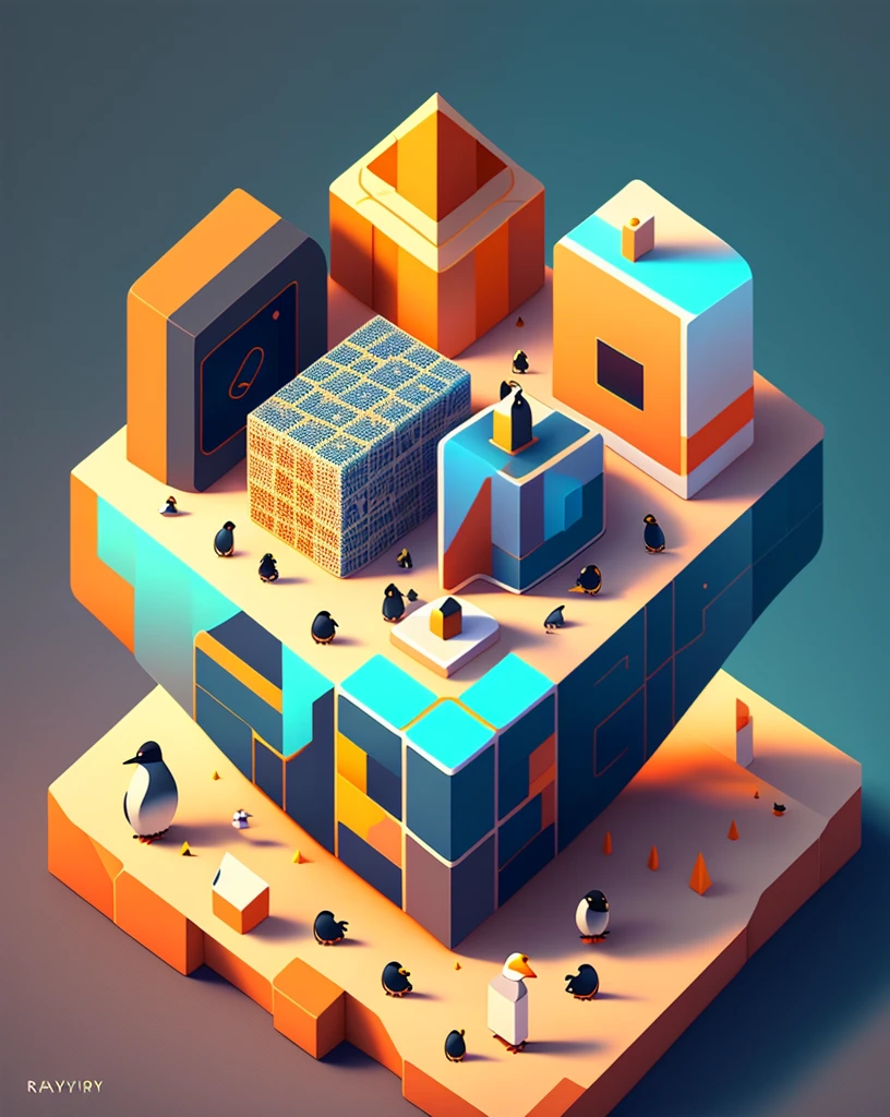 cube，Penguin looking for treasure chest on puzzle map, Different scenes for each side，trending on Art Station, Monument Valley, Level Design, Low Poly, Isometric Art, 3D Art, High Detail, Art Station, Concept Art, behance, Ray Tracing, Smooth, Clear focus, Ethereal Lights