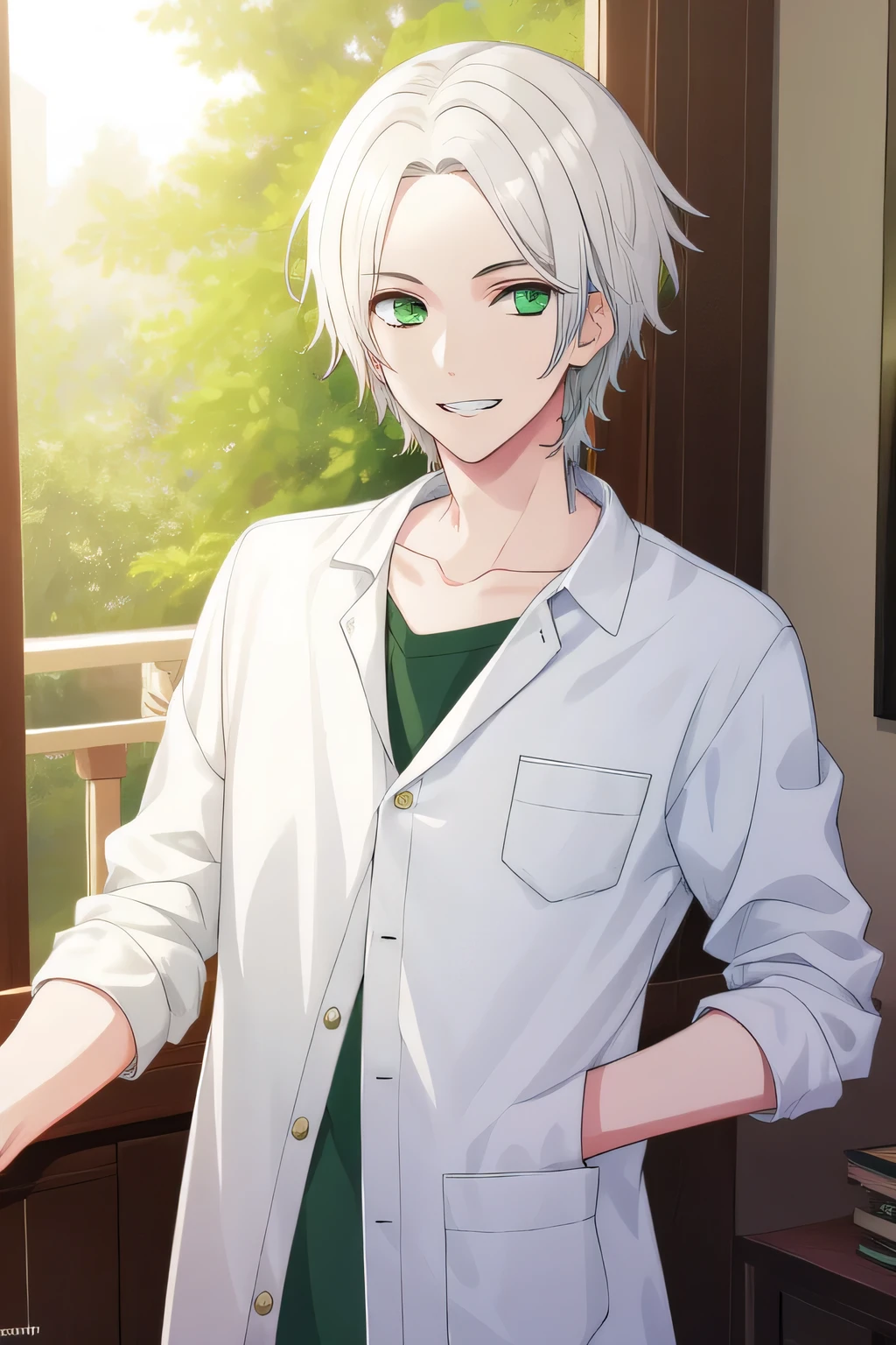 masterpiece, Best quality, A high resolution, BproStyle, 1 boy, White hair, green eyes, wear casual clothes, grin, I look at the viewer,