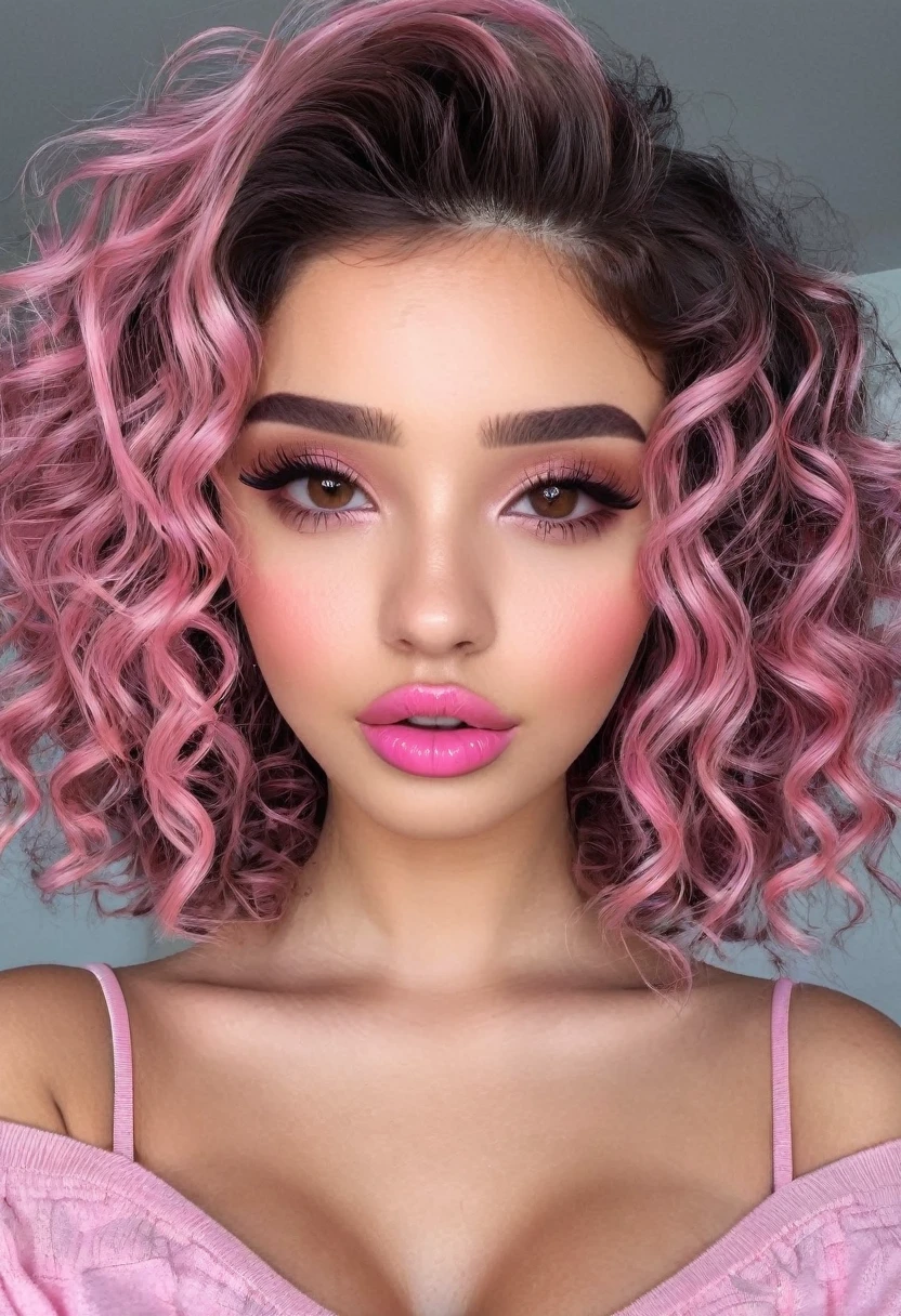 20 year old girl, beautiful ,ultra realistic, super definition, Brown eyes, fallen lips of ours, pink lips, curly hair, negro, Natural makeup, outlined obos. Neckline.