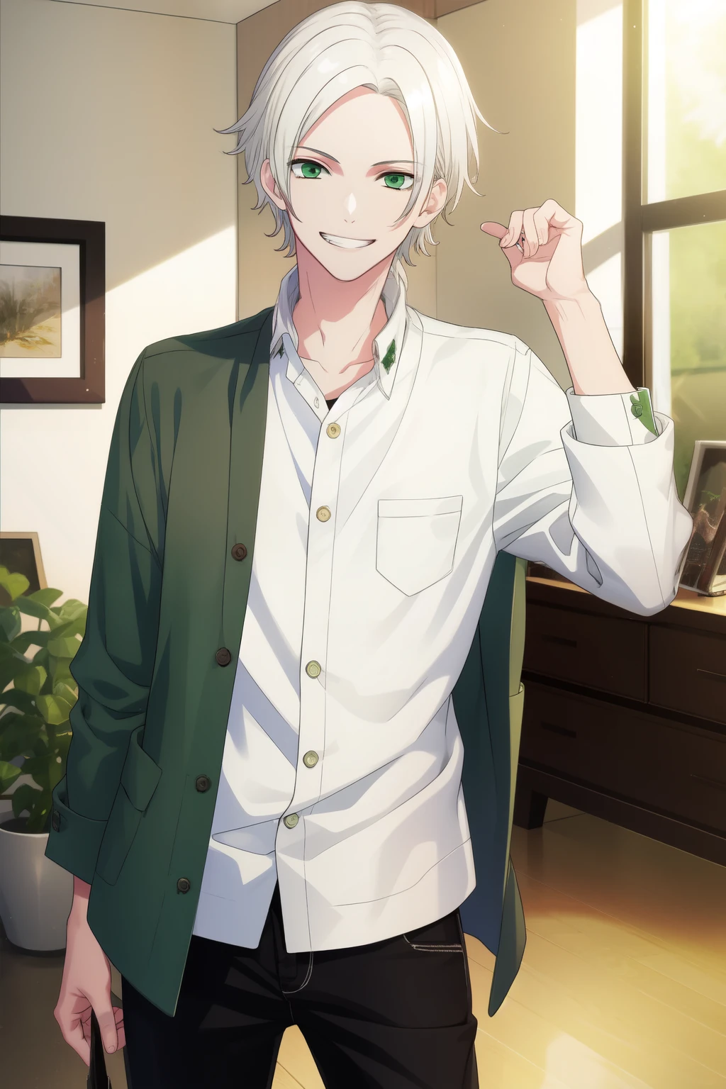 masterpiece, Best quality, A high resolution, BproStyle, 1 boy, White hair, green eyes, wear casual clothes, grin, I look at the viewer,