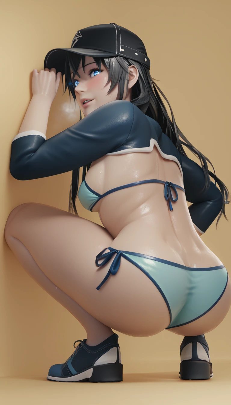 score_9, score_8_up, score_7_up, score_6_up, uncensored, Yukinoshita Yukino, absurdly long hair, blue eyes, black hair, very long hair, lips, shiny skin, sweating, wet, wet hair, steaming body, heavy breathing, large breasts, detailed body, detailed eyes, blush face, seductive smile, (small breasts:1.3), BREAK (masterpiece:1.2), best quality, high resolution, unity 8k wallpaper, (illustration:0.8), (beautiful detailed eyes:1.6), extremely detailed face, perfect lighting, extremely detailed CG, (perfect hands, perfect anatomy), seductive smile, upper teeth, happy, HD, squatting, baseball_cap, 1girl, bikini, swimsuit, hat, side-tie_bikini, breasts, solo, ass, looking_at_viewer, white_bikini, large_breasts, blue_headwear, back, cropped_jacket, shrug_(clothing), yellow_background, looking_back, simple background, muscular female,