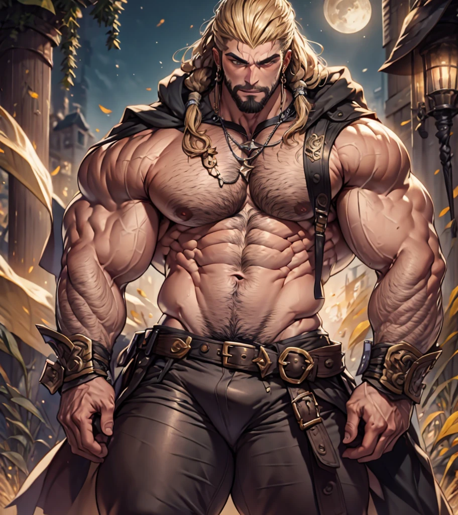 (((Solo character image.))) (((Generate a single character image.))) Generate an exciting yet sinister male fantasy adventurer for a dark and eerie fantasy setting. (((Sexy muscles.))) He has shoulder length blond hair and has a sinister attire and looks like an exciting villain for a fantasy setting. Swashbuckler fashion. Great abs. Great male physique. This character is human, very dangerous and looks full of mischief. He appears about 20 years old. Ideal physique. Realistic image. Looks like a handsome dark complexion male fantasy adventurer. Very dark skin. Cornrows and dreadlocks. He has a legendary beauty that makes him memorable and a pleasure to look at. Attractive and dashing swashbuckler with pirate fashion. Abs focus. Intense glare. Tattoos.,Handsome male
