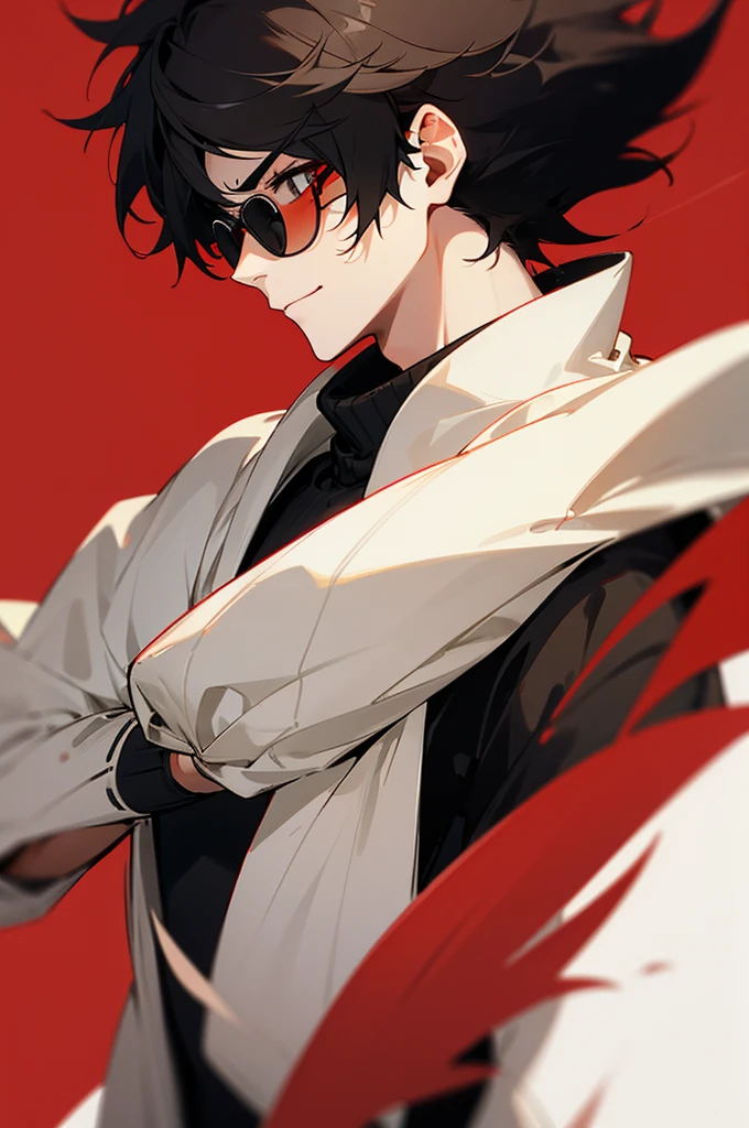 High definition, uhd. Draw a male anime character in profile with white skin, medium and messy black hair, but well looked after. Your hair falls over your ears and the back of your neck. The character is blind and wears sunglasses with red lenses and silver frames.. Glasses hide your eyes and give you a mysterious look. Wear a black sweater. fine nose, relaxed features, Serious and confident, corner smile. Red background in blurred style.