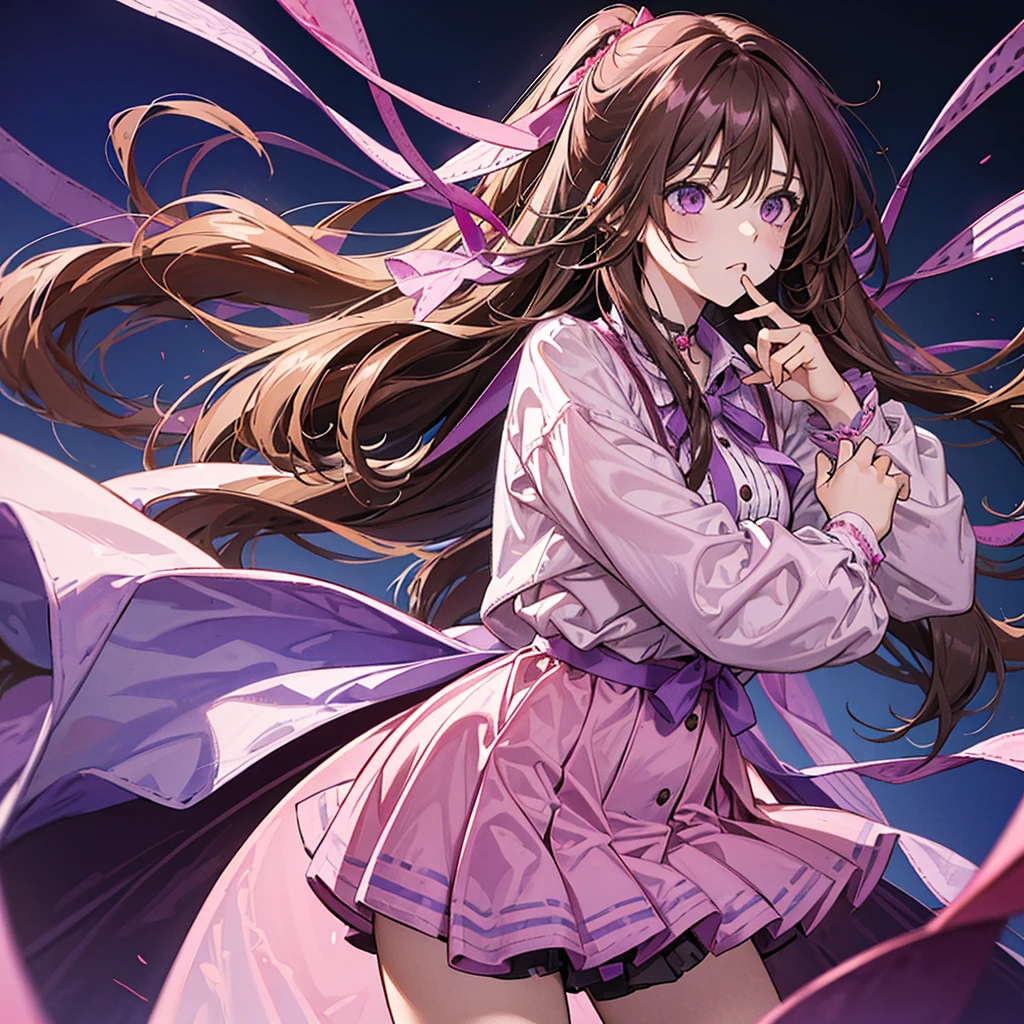 A Girl with long brown hair tied at the back with pink and purple ribbons, wearing a pink shirt with a collar and long sleeves. Wearing loose shorts She is cute With the pose of the hand supporting the chin