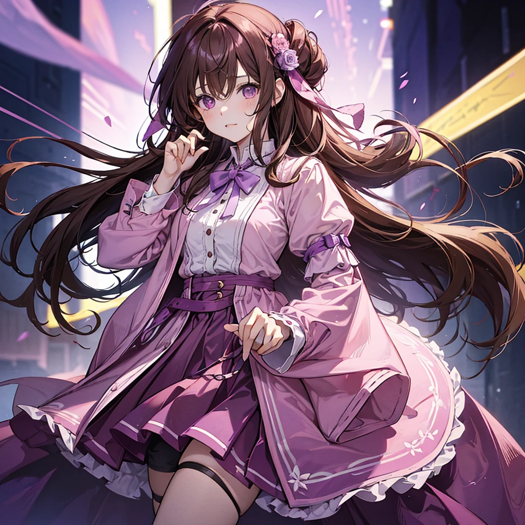 A Girl with long brown hair tied at the back with pink and purple ribbons, wearing a pink shirt with a collar and long sleeves. Wearing loose shorts She is cute With the pose of the hand supporting the chin
