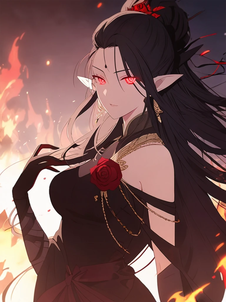 1woman, seriously, elven, dark god, fire black hair, longest hairstyle, glowing red eyes, black rose, black Knight, elegant, traditional thai costume,