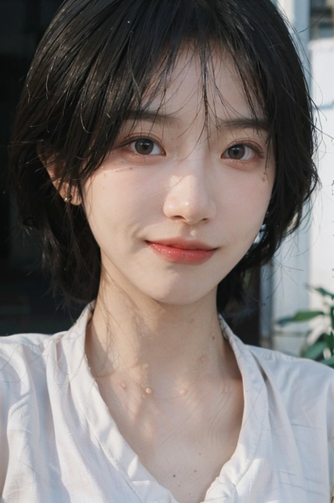 1 girl,short hair,Smile,serene, calm,White shirt,Moles under the eyes,Exquisite eyes, Delicate face,Lipstick,earrings,Hair details, (Large Breasts:1.0),outdoor,(Skin details:1.4),(Realistic and detailed eyes:1.2), Natural skin texture, Realistic facial details,Close-up of face,Portrait Photography,(Portrait Photography:1.1), (smooth skin textures:1.3), (Highest quality real skin textures:1.4), Direct vision,Soft dramatic lighting, Vivid details, 35 mm film, (Photo Practical:1.4), (hyper Practical:1.4), (Practical:1.3), (Smoother lighting:1.05), (Improve lighting quality:0.9), (Enhance the beauty of skin texture:1.1), Depth of Field, Bokeh, Surrealism, Ray Tracing, ( Surrealism, High Detail, Chiaroscuro, Ray Tracing, reflected light, Ultra HD, Ultra HD, masterpiece, Textured Skin, Super Detail, High Detail, high quality, best quality