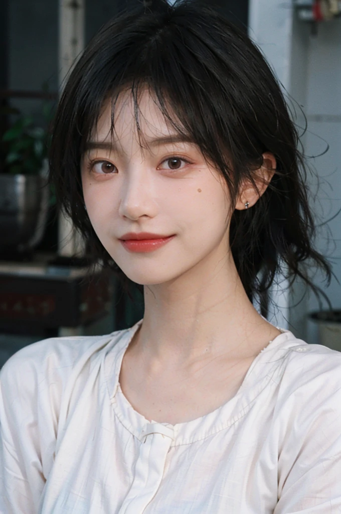 1 girl，short hair,Smile,serene, calm,White shirt，Moles under the eyes,Exquisite eyes, Delicate face,Lipstick,earrings,Hair details, (Large Breasts:1.0),outdoor,(Skin details:1.4),(Realistic and detailed eyes：1.2）, Natural skin texture, Realistic facial details,Close-up of face,Portrait Photography,(Portrait Photography:1.1), (smooth skin textures:1.3), (Highest quality real skin textures:1.4), Direct vision,Soft dramatic lighting, Vivid details, 35 mm film, (Photo Practical:1.4), (hyper Practical:1.4), (Practical:1.3), (Smoother lighting:1.05), (Improve lighting quality:0.9), (Enhance the beauty of skin texture:1.1), Depth of Field, Bokeh, Surrealism, Ray Tracing, ( Surrealism, High Detail, Chiaroscuro, Ray Tracing, reflected light, Ultra HD, Ultra HD, masterpiece, Textured Skin, Super Detail, High Detail, high quality, best quality