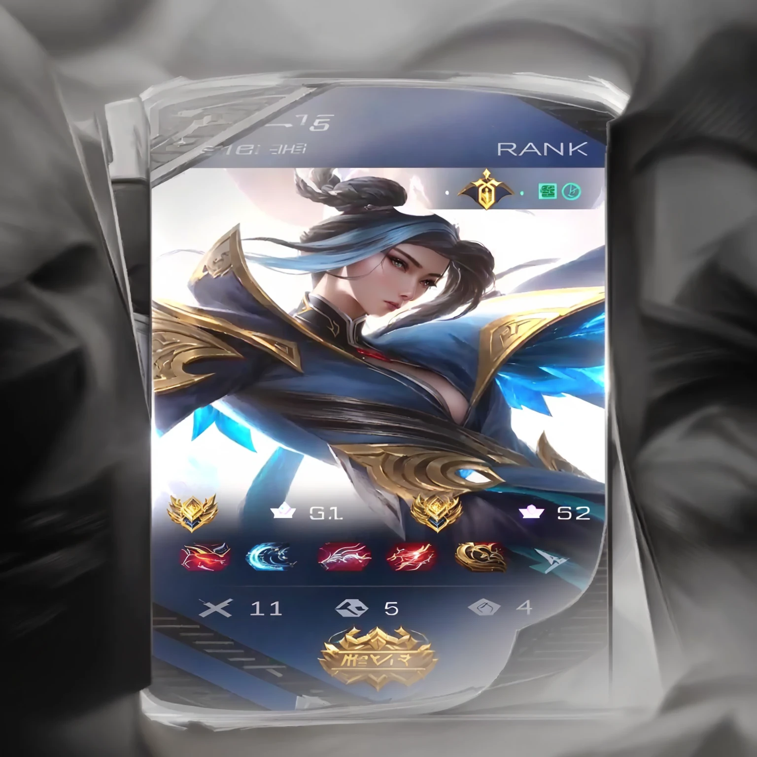 a close up of a cell phone with a picture of a woman, ashe, irelia, epic battle screen of hero, ig model | artgerm, inspired by Huang Shen, inspired by Ju Lian, inspired by Lan Ying, mobile legends, ui card, heise jinyao, xianxia hero, inspired by Li Tang
